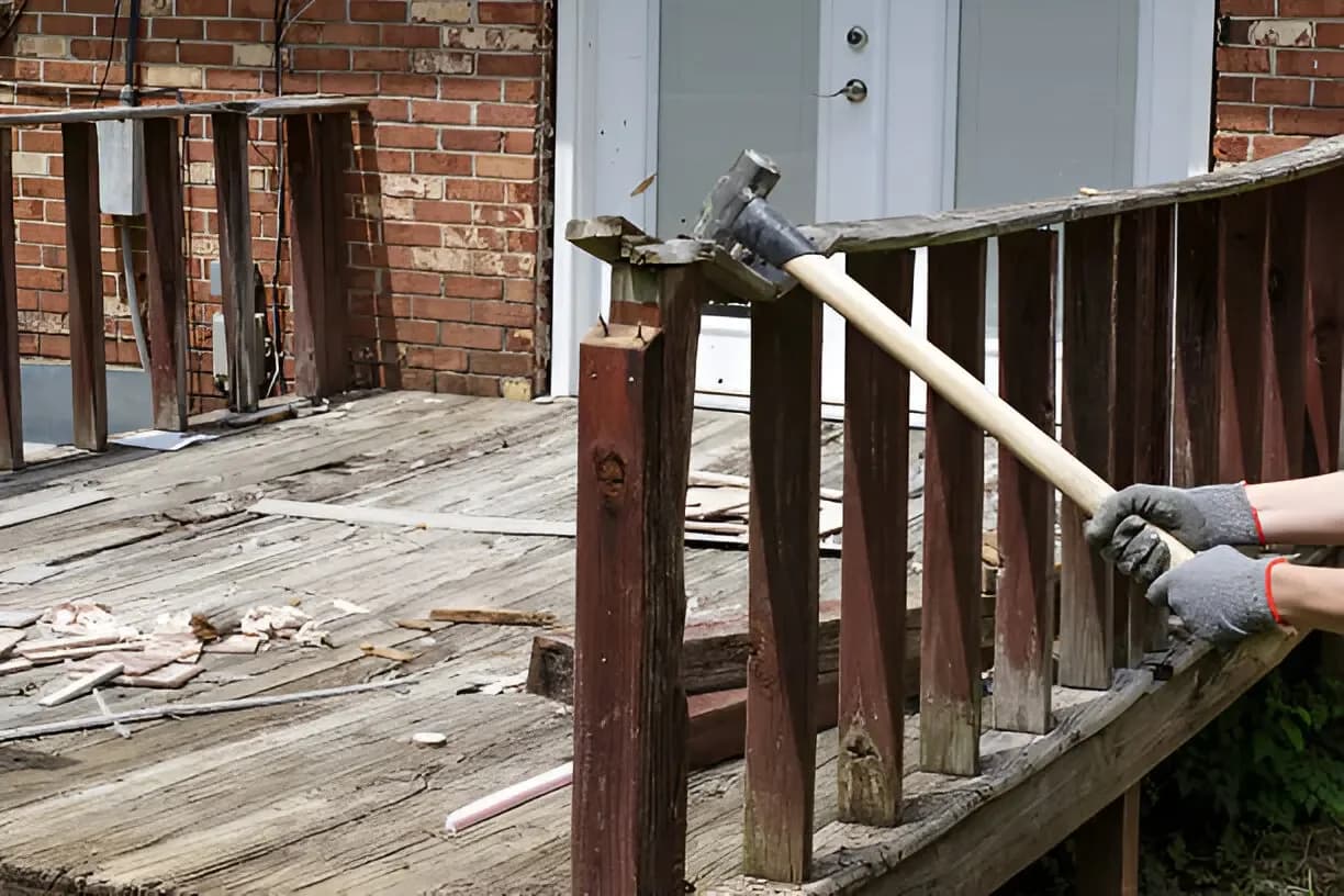 A sledgehammer taking down an old wooden porch railing